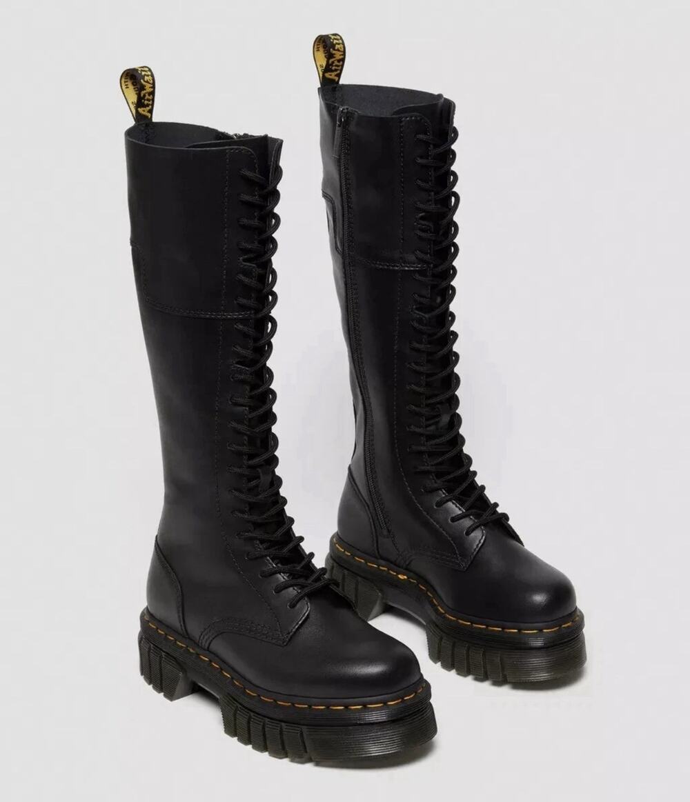 Dr Martens Audrick 20-Eye Knee-High Platform Black Leather Boots Ladies Size 12